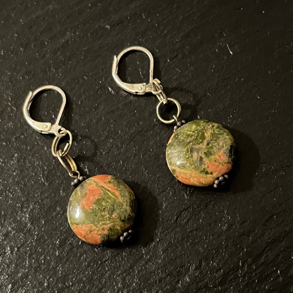 Pink Green Jasper Natural Stone Leverback Bohemian Earrings